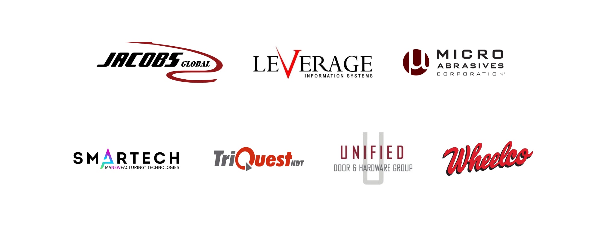 Seven Company logos listed from top to bottom: Jacobs Global, Leverage Information Systems, Micro Abrasives Corporation, Smartech Ma-new-facturing Technologies, TriQuest NDT, Unified Door & Hardware Group, and Wheelco